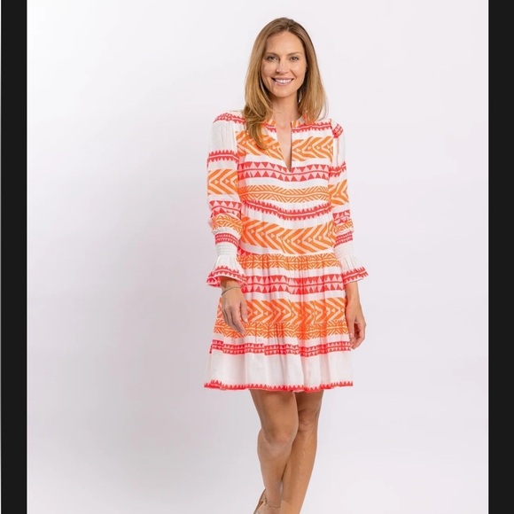 SAIL TO SABLE GEO STRIPE LONG SLEEVE TUNIC DRESS - PINK/ORANGE size large - Picture 1 of 15
